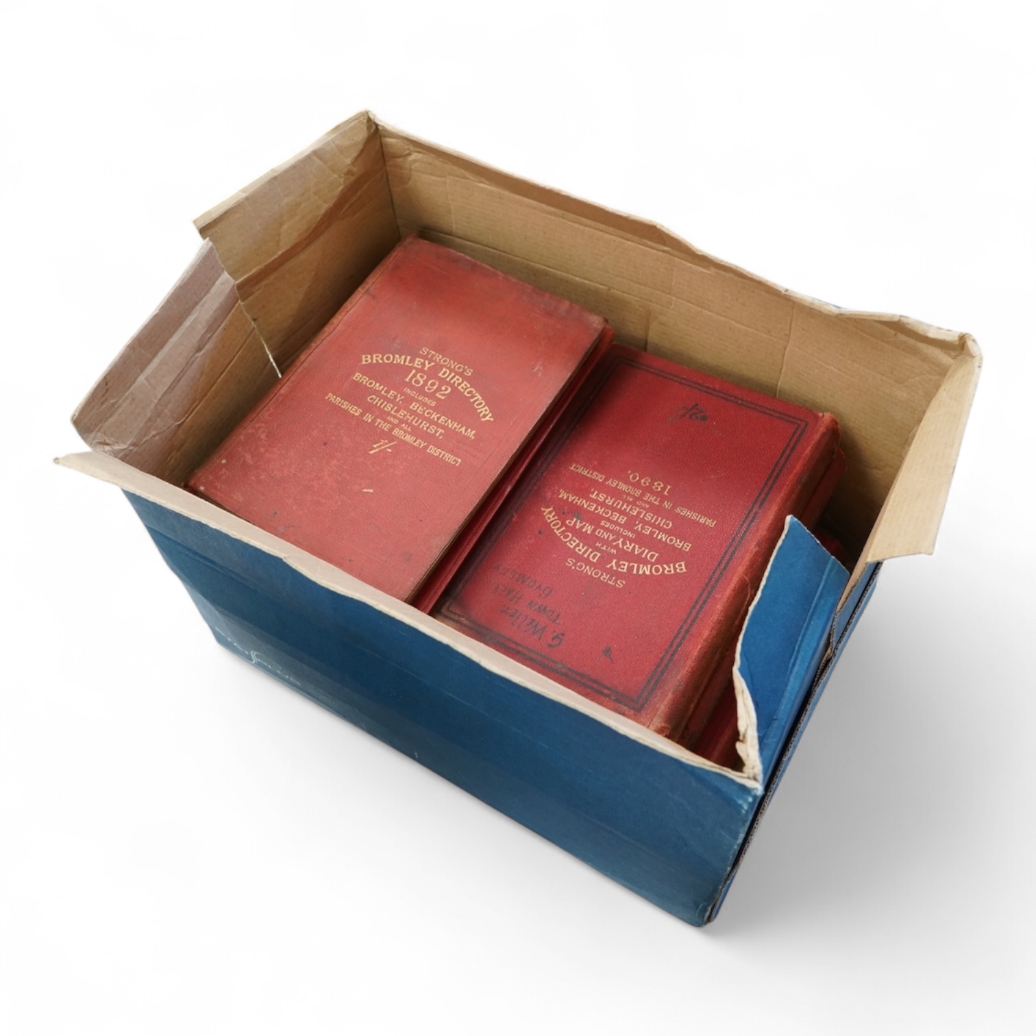 Bromley Directories - Strong's Bromley Directory ... original gilt cloth, for 1890, 1892, 1898, 1900 (with folded map) and 1905 (with folded map); sold with Kelly's Directory of Bromley ... original gilt cloth, for 1891